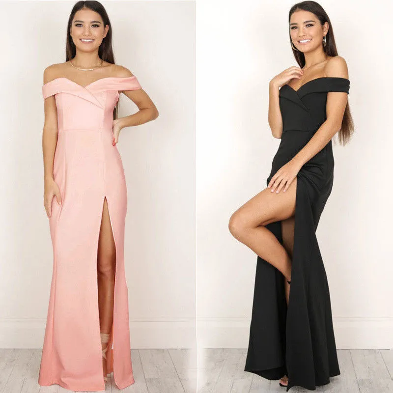 Sexy Women Elegant Strapless V-neck Formal Asymmetrical Hem Party Long Dress Simple Side Split Bridesmaid Maxi New | Женская одежда