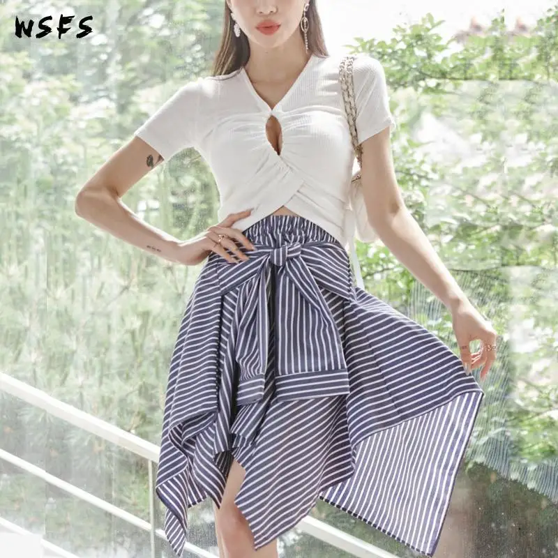 

2 Piece Set Summer Dresses White Hollow Out Tops Bandage Bodycon Women Dress Blue Midi Striped Skirt Elegant Sexy Party Clothes