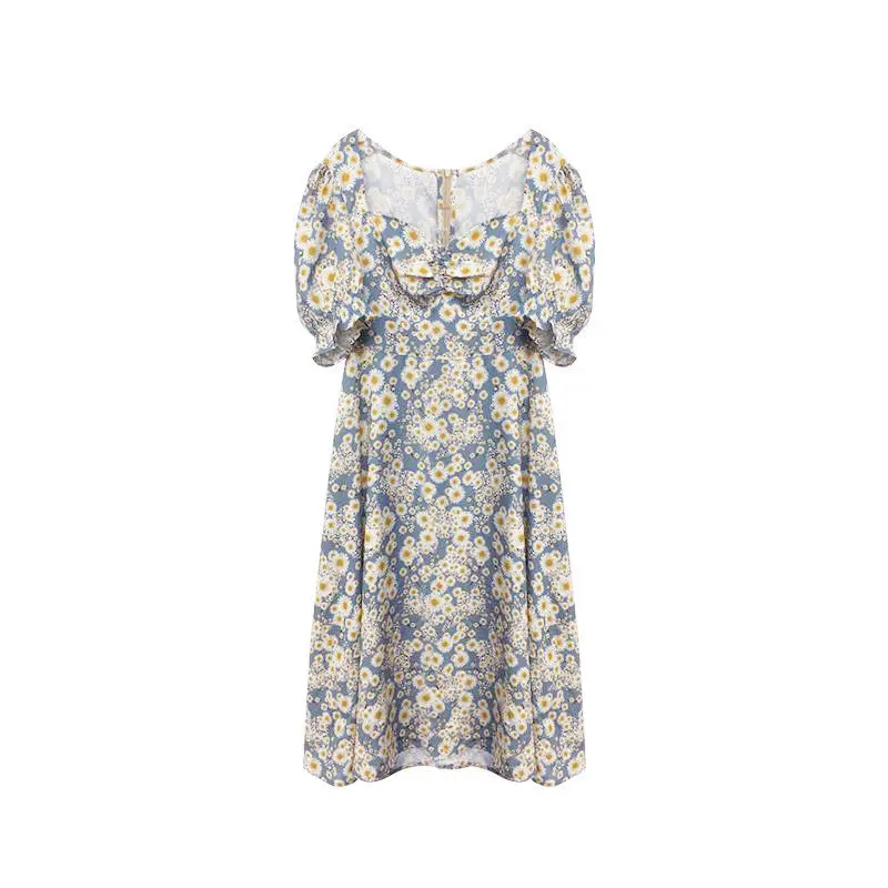 

Summer Daisy oil painting floral skirt bubble sleeve waist slim split dress