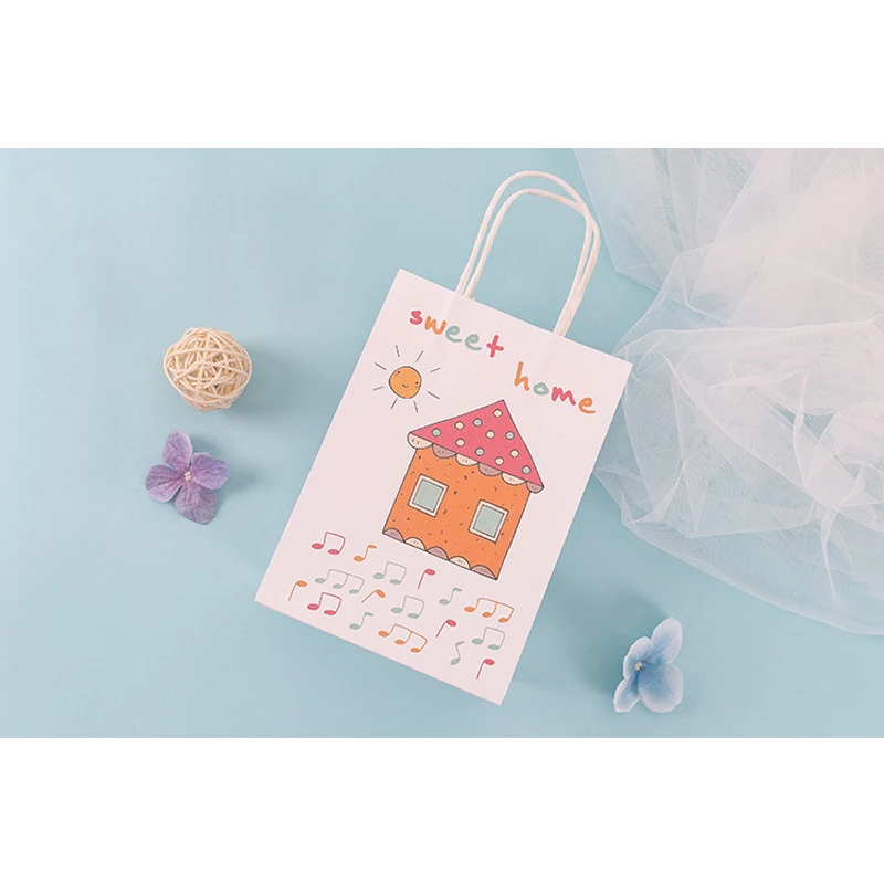 10Pcs Kawaii Cartoon Kraft Paper Bag White Shopping Bags with animal house DIY Multifunction Recyclable With Handles | Дом и сад
