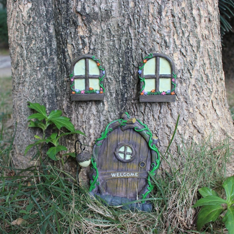 

3 Pcs Miniature Fairy Elf Home Door and Windows Glow in The Dark Yard Sculpture 87HA