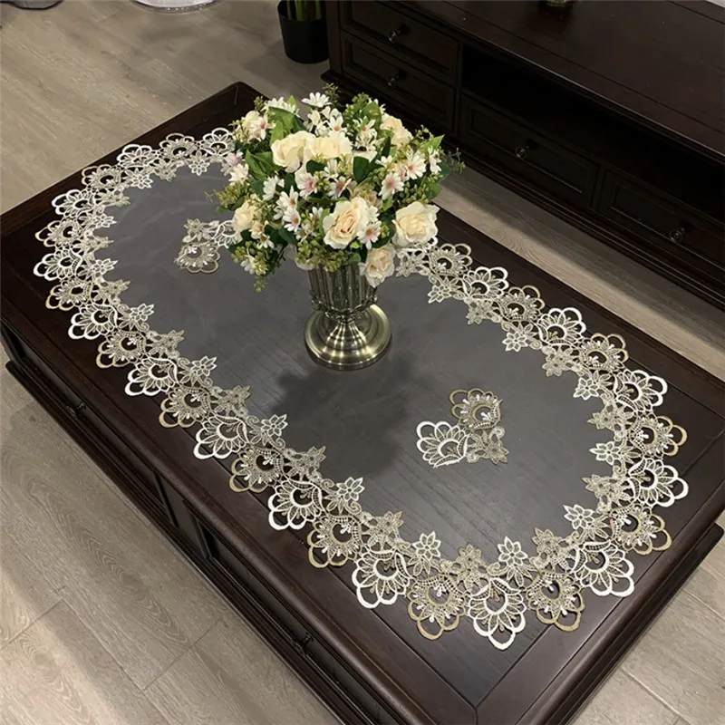 

40x90cm Oval Tablecloth European Lace Embroidered Polyester Yarn Flower Fabric Living Room Dining Table Mat Cover Home Decor