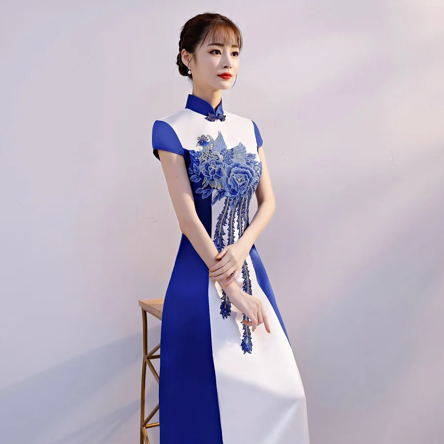 sexy Standing collar Blue and white porcelain improved cheongsam Embroidery Chinese evening dress Vestidos Size S-XXL | Тематическая