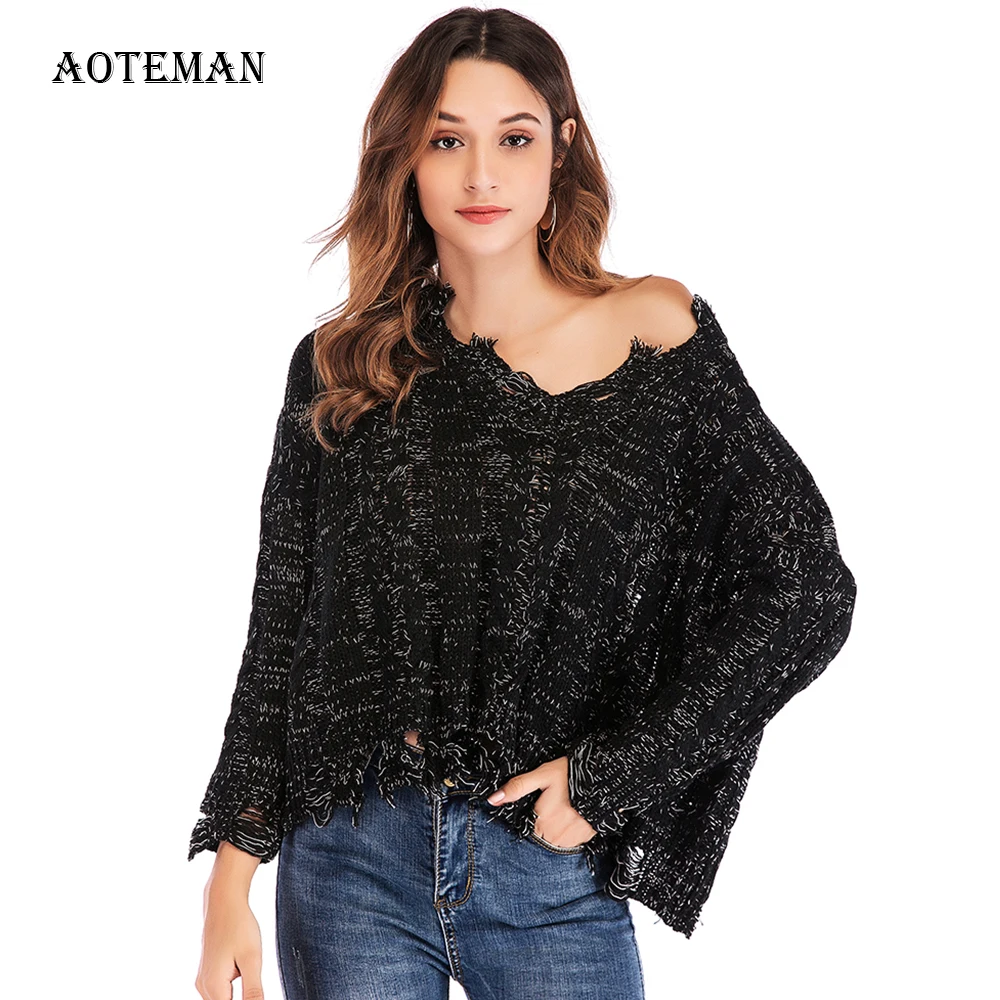 Autumn Winter Sweater Women 2019 Casual Warm Knitted Ripped Sweaters Sexy V Neck Long Sleeve Elegent Oversize Female | Женская одежда