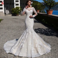 high end scoop neck full sleeve embroidery appliques tulle mermaid wedding dress custom made button chapel train bridal gown