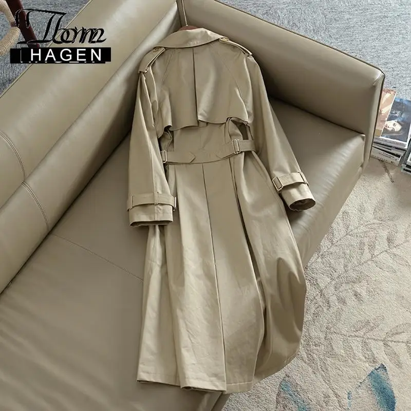 Том Хаген зимний длинный Тренч пальто для женщин Бежевый свободный Epaulet дизайн