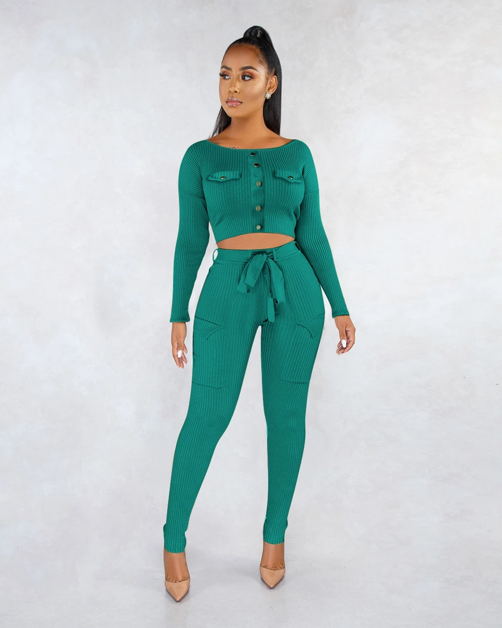 

STYLISH Lady Knitted 2 Piece Set Women Off the Shoulder Long Sleeve Crop Top and Long Skinny Pant Set 2019 Autumn Club Outfits