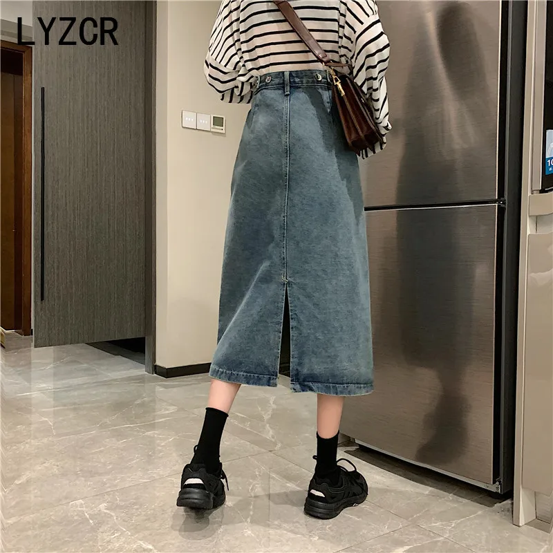 Женская джинсовая юбка LYZCR черная длинная винтажная средней длины с высокой