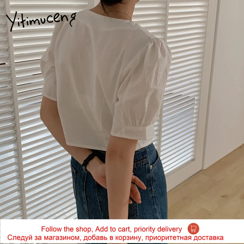 

Yitimuceng Ruched Blouse Women Button Up Slim Shirts Short Puff Sleeve Apricot White Black 2021 Summer Korean Fashion New Tops
