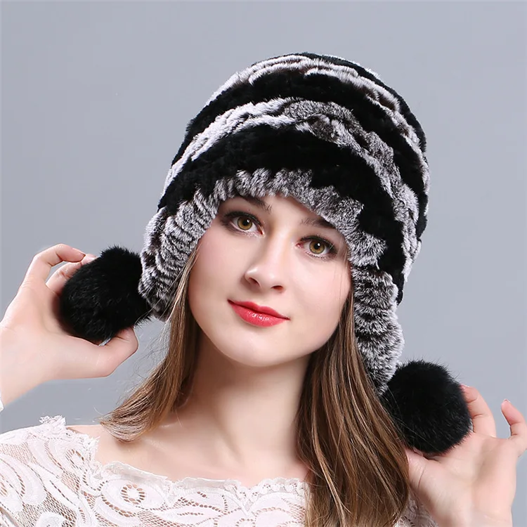 Новинка натуральная женская вязаная шапка из кроличьего меха с помпонами ручной