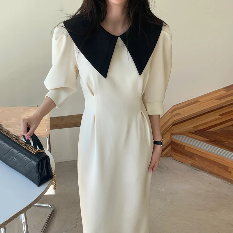 

Korejpaa Women Dress 2021 Summer Korean Fashion Chic Elegant Commute Lapel Bump Color Folds Waist Slim Open Fork Long Dresses