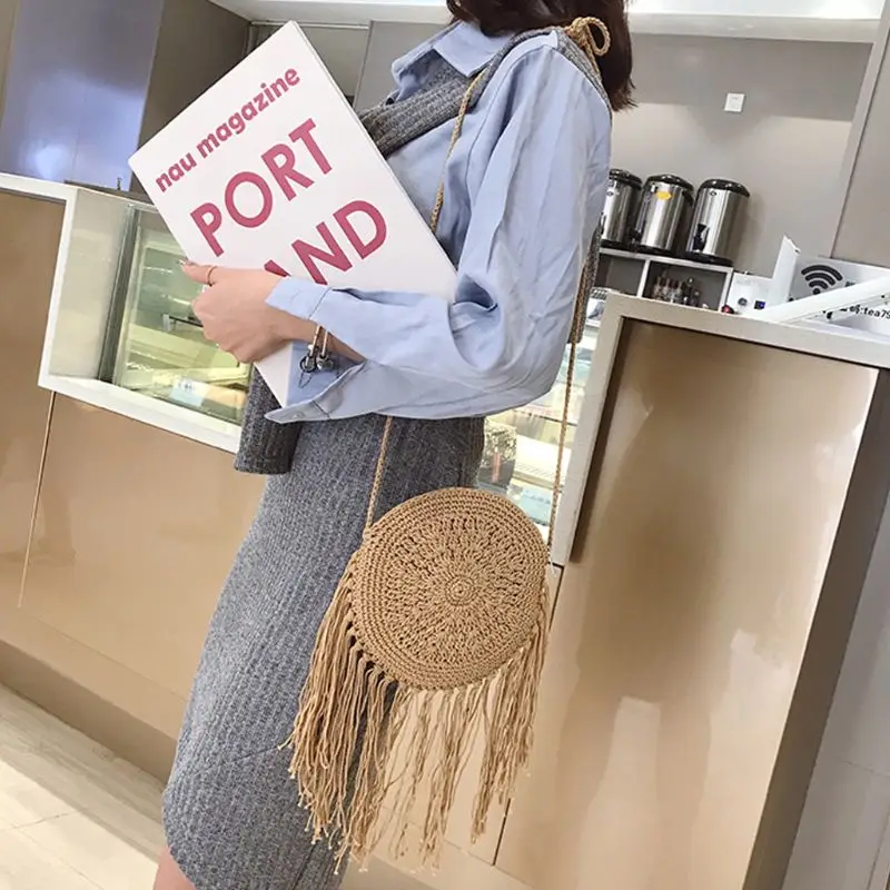 

Women Female Shoulder Bag Knitted National Style Tassel Bag Summer Beach Messenger Shoulder Bag 20CA