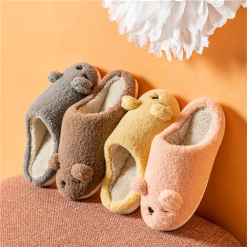 Милые зимние домашние тапочки с рисунком медведя Теплые плюшевые для женщин и