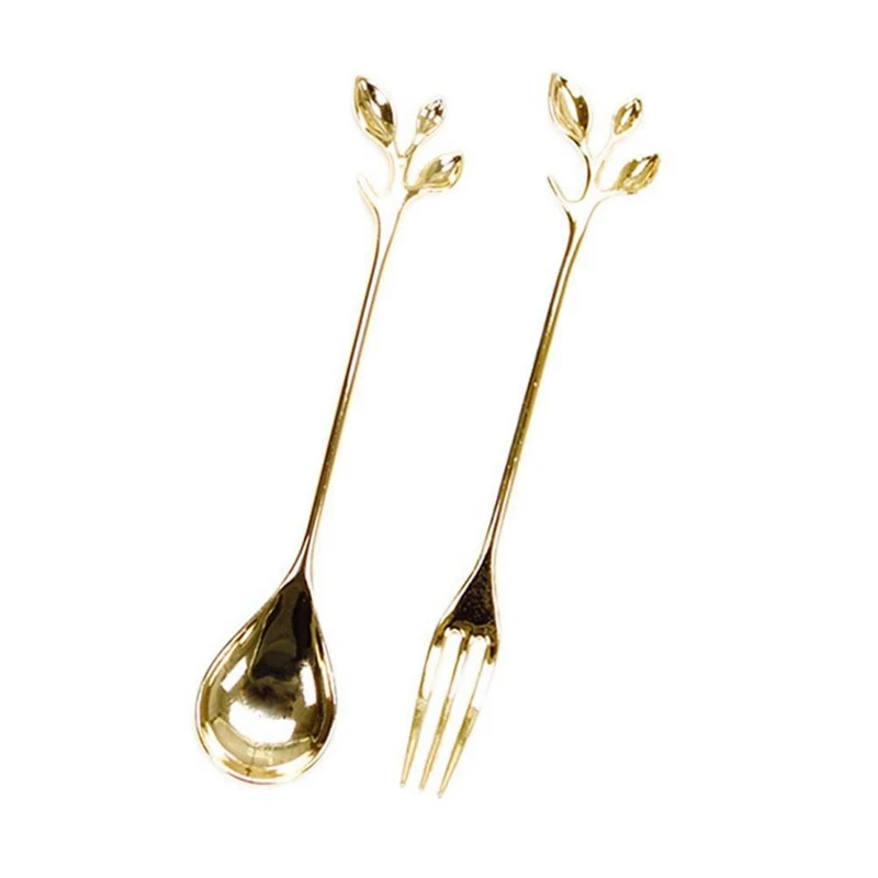 4x Tableware Gold Leaf Coffee Spoon Fork & 4 Pcs Silver Sakura Rose Cosmos Heart-Shaped Vintage Flower Shape | Дом и сад
