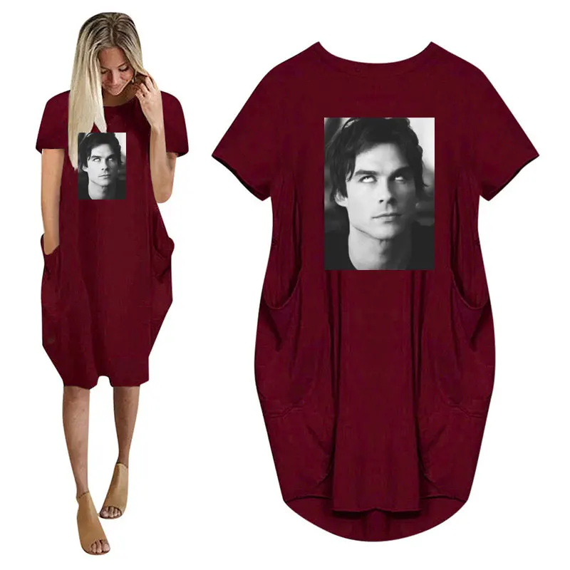 Женское платье-футболка с принтом дневников вампира в стиле каваи 90-х карманами и