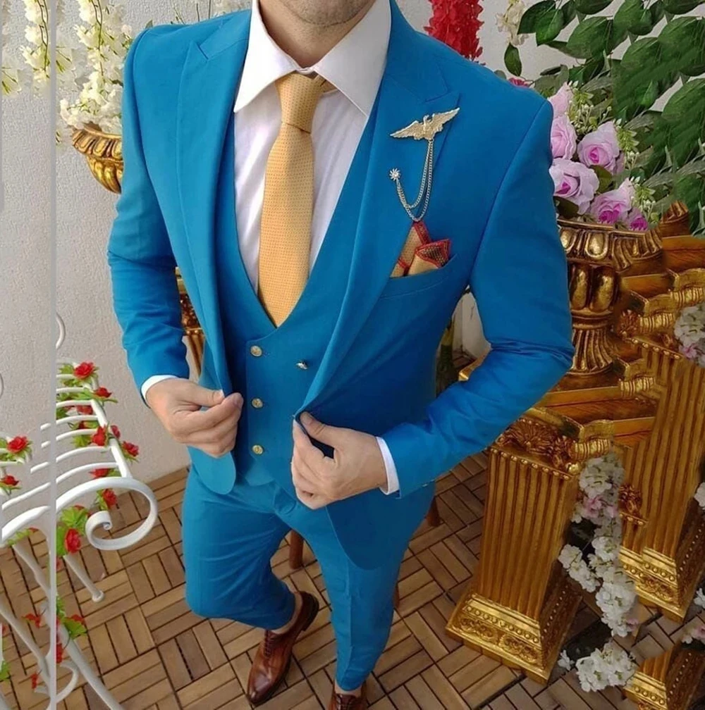 

Hot Sale Royal Blue Peaked Lapel Single Button Men Suits Slim Fit Costume Wedding Dress Groom Tuxedos Prom Clothing 3 Pieces