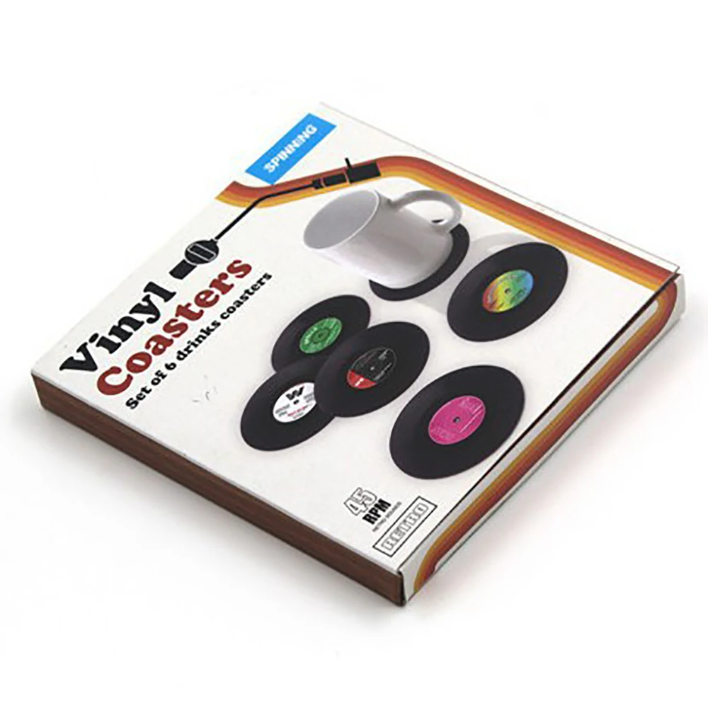 

6 Pcs Retro Disk Coasters Vinyl CD Fun Drink Coasters With Player Holder Desktop Protection Kitchen Heat Resistant Anti-slip