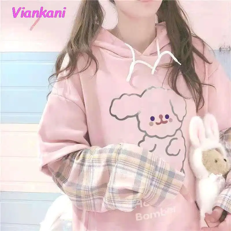 

Kawaii Pink Hoodies Women Soft Girl Japanese Harajuku Patchwork Plaid Long Sleeve Letter Sweatshirt Korean Cute Clothes
