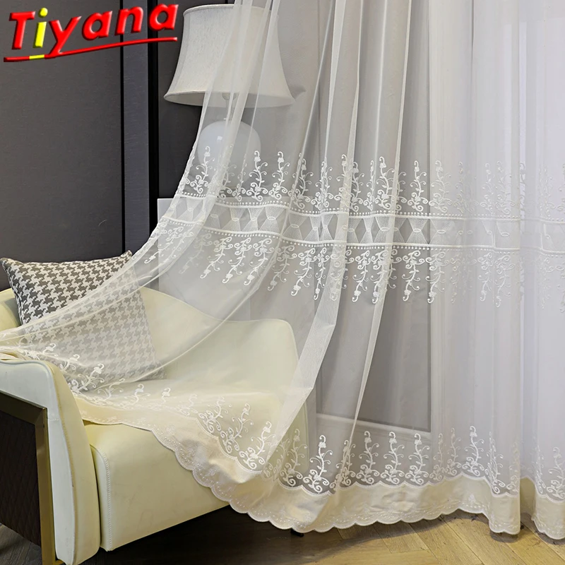 

Light Luxury White Flowers Embroidery Tulle Curtains for Living Room Yarn Drapes for Bedroom Kitchen #VT