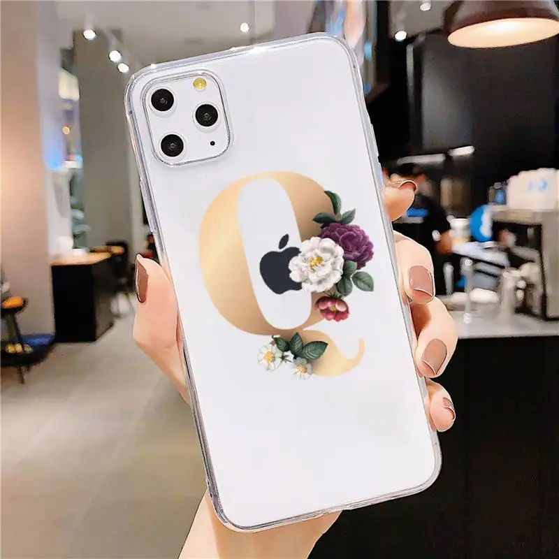 

Vintage Gold Floral Letter Phone Case Transparent for iPhone 6 7 8 11 12 s mini pro X XS XR MAX Plus