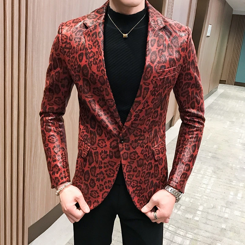 

Men Autumn New Leopard Leather Slim Suit Jacket Male Business Casual Snake Print Overcoat Outerwear Faux Fur Coat