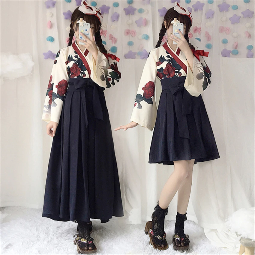 Кимоно в японском стиле для женщин, Taisho Girl Haori, модный топ с цветочным принтом и юбки, наряды, азиатская одежда, Camellia love