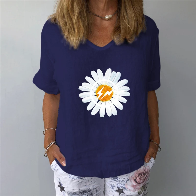 

Women's Wear Short Sleeve Cotton Hemp Loose Leisure Little Daisy Printed Top Pregnant Women's Clothing
