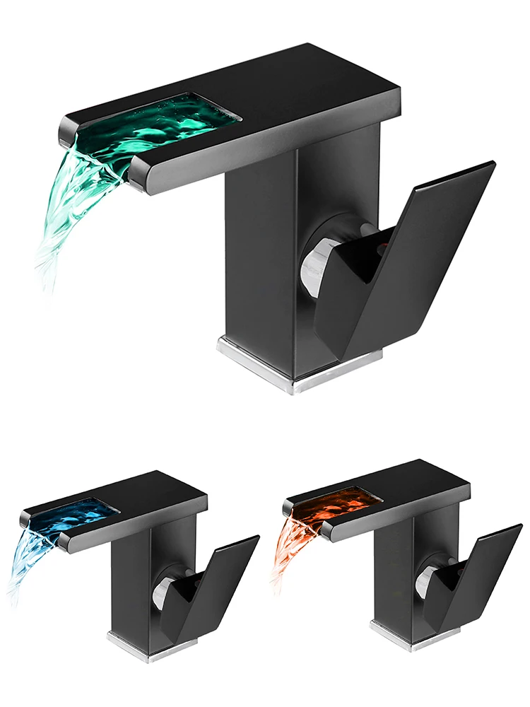 

LED Luminous Waterfall Copper Faucet Bathroom Washbasin Above Counter Basin Bathroom Cabinet Hot And Cold Bathroom Sink MixerTap