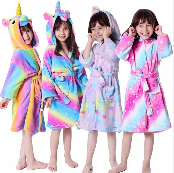 

Winter Autumn Children Flannel Bathrobe Baby Bath Robe Animal Unicorn Hooded Bathrobes Boys Girls Pyjamas Kids Sleepwear Robes