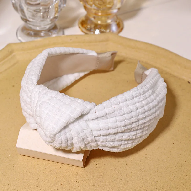 

White Cotton Velvet Headbands for Women Winter Hair Accessories Handmade Solid Thick Hairbands Knot Ladies Bow Hair Hoop