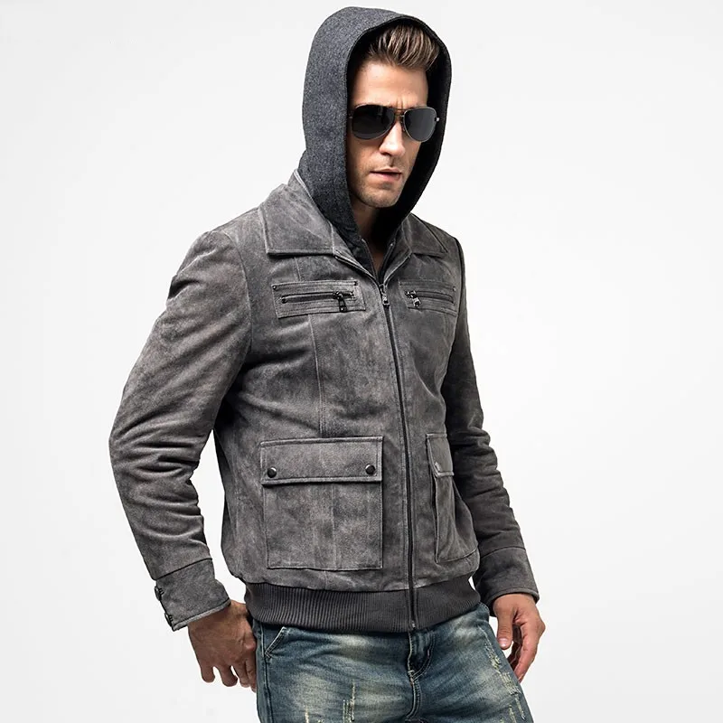 

Real Winter Mens Pigskin Leather Jacket Casual Thick Padded Warm Hoody Bomber Jacket Slim Fit Genuine Leather Coat Plus Size 5XL
