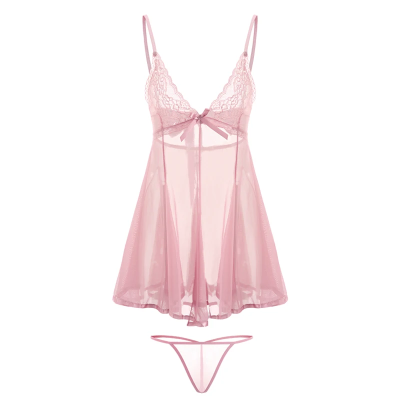 

2021 Spring Sexy Mesh Nightdress Women Lace Bow Tie Backless Lace Sling Nightgown Backless Spaghetti Starp Nightwear Underwear