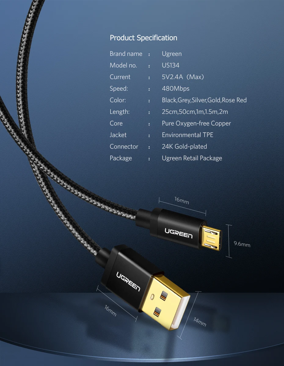 Ugreen Кабель Micro USB 2.4A Кабель для быстрой зарядки данных для Xiaomi Redmi Note Huawei HTC Кабель для зарядки мобильного телефона Кабель Micro USB
