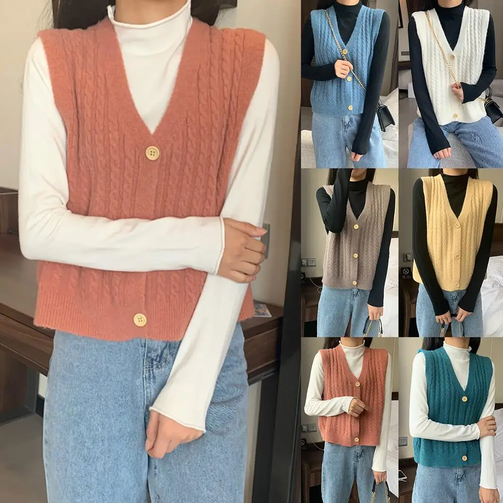 Осенний женский свитер жилет однотонный однобортный без рукавов с V образным
