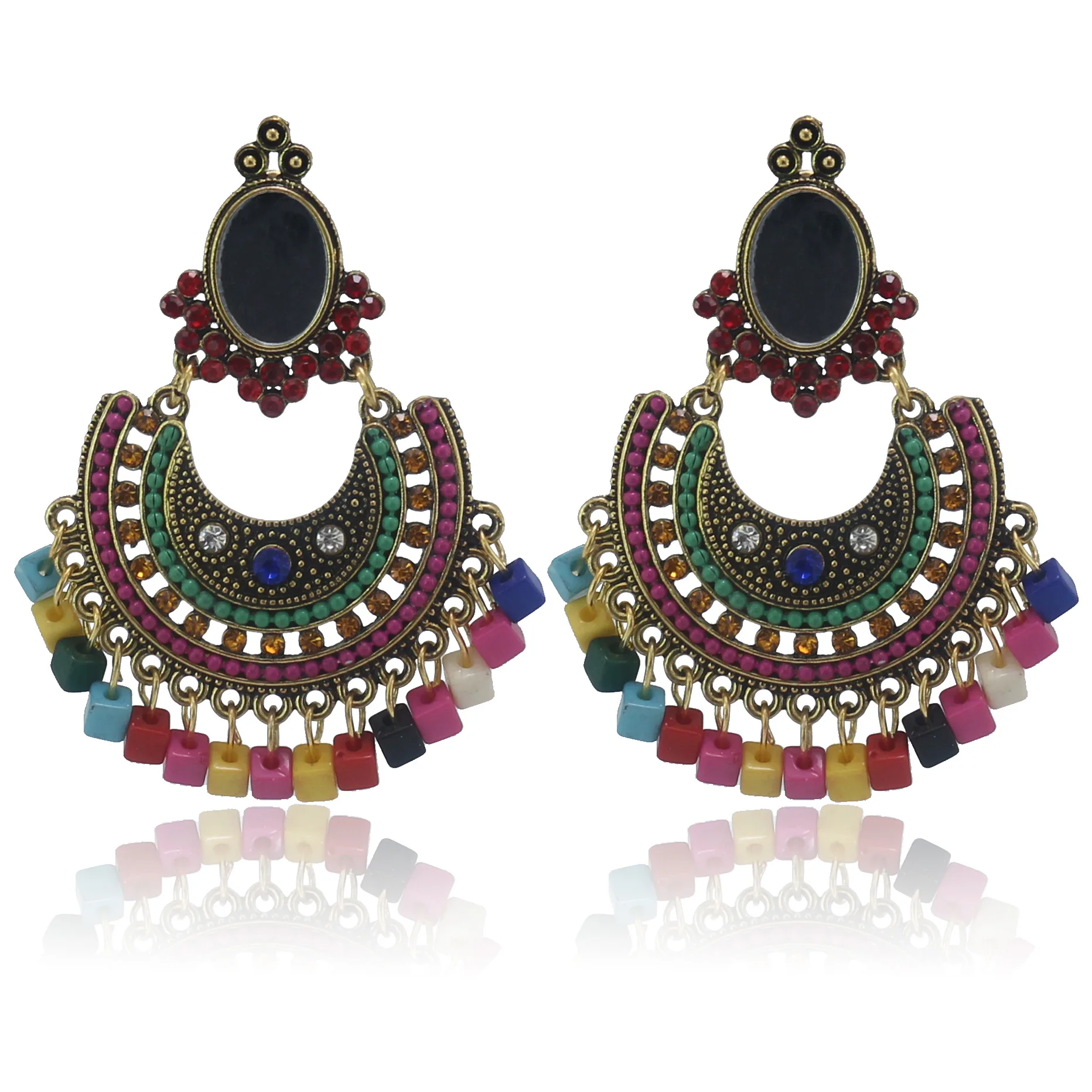 Афган Jhumka серьги под старину золото красочный камень длинная капля для свадьбы