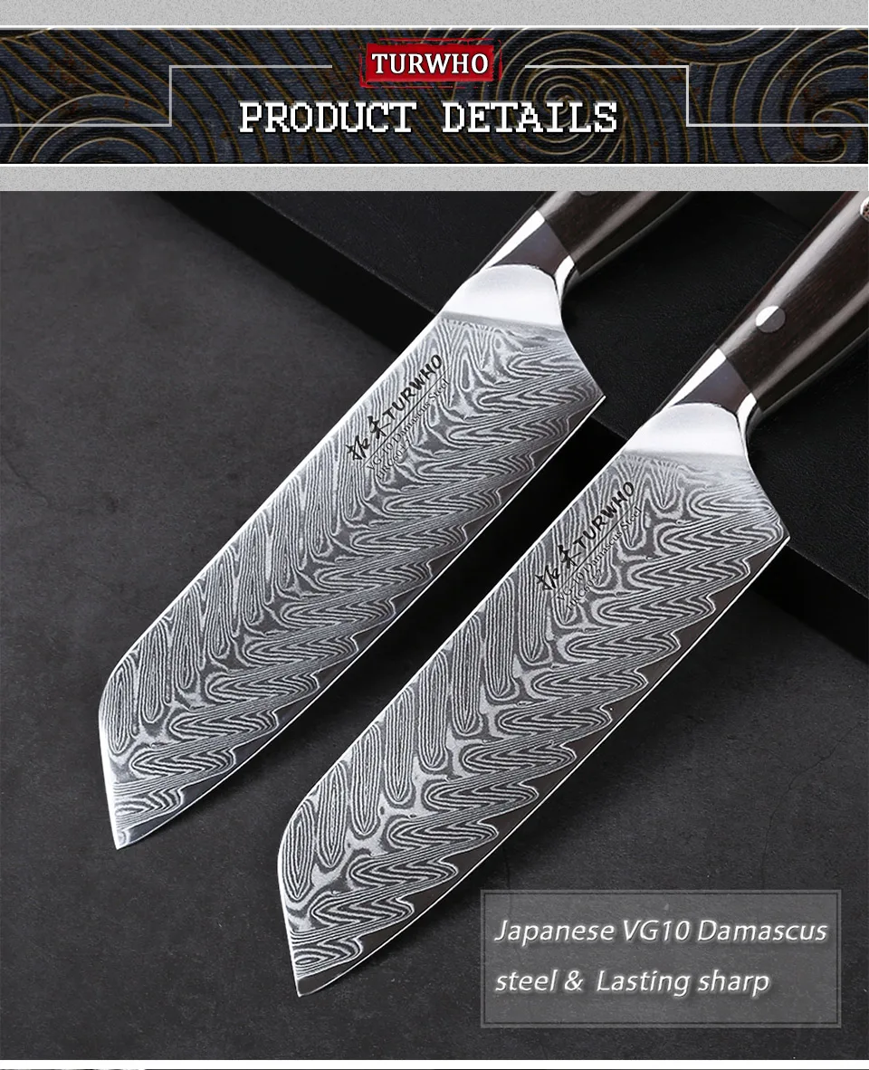 TURWHO 3 шт. набор кухонных ножей профессиональный шеф-повара Santoku универсальный нож японский дамасский стальной нож с красной ручкой сандалового дерева кухонный инструмент