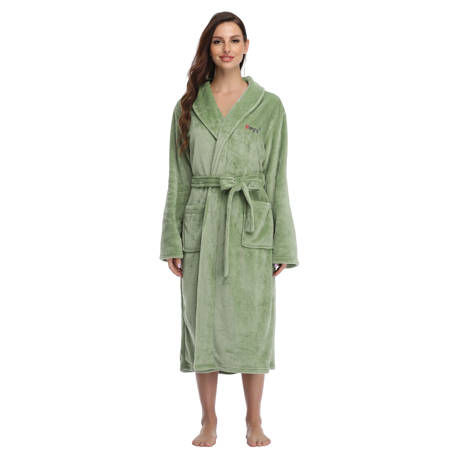 

RONGTAI Grass Green Fleece Robes for Women Bathrobe with Pockets