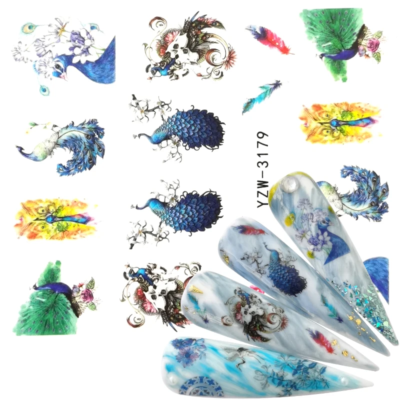 

2023 New Arrival 1 PC Nail Art Peacock Animal Flower Water Design Tattoos Nail Sticker Decals for Beauty Manicure Tools