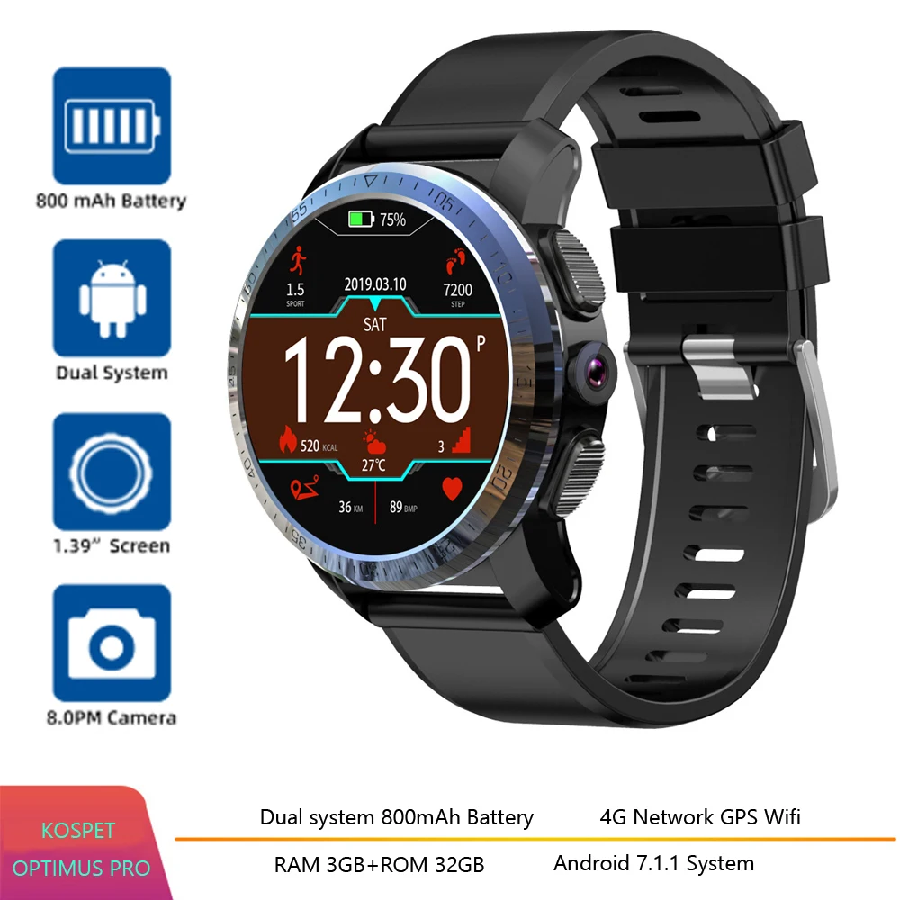 KOSPET Optimus Pro 3 ГБ 32 800 мАч Bluetooth GPS 4G умные часы для телефона водонепроницаемые 8 0 МП 1 39