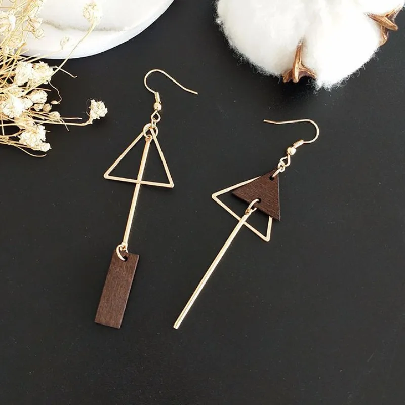 

Wooden Geometric Triangle Asymmetric Ear Jewelry Simple Creative Dangle Earrings
