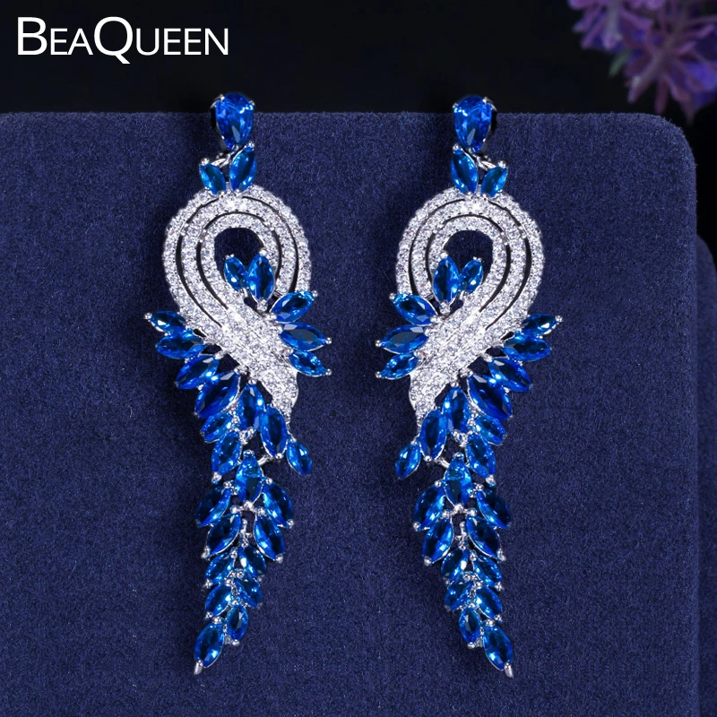 BeaQueen бренд CZ женские ювелирные изделия для ушей правый и левый Королевский синий Цирконий длинные висячие серьги для женщин свадебный подарок E033