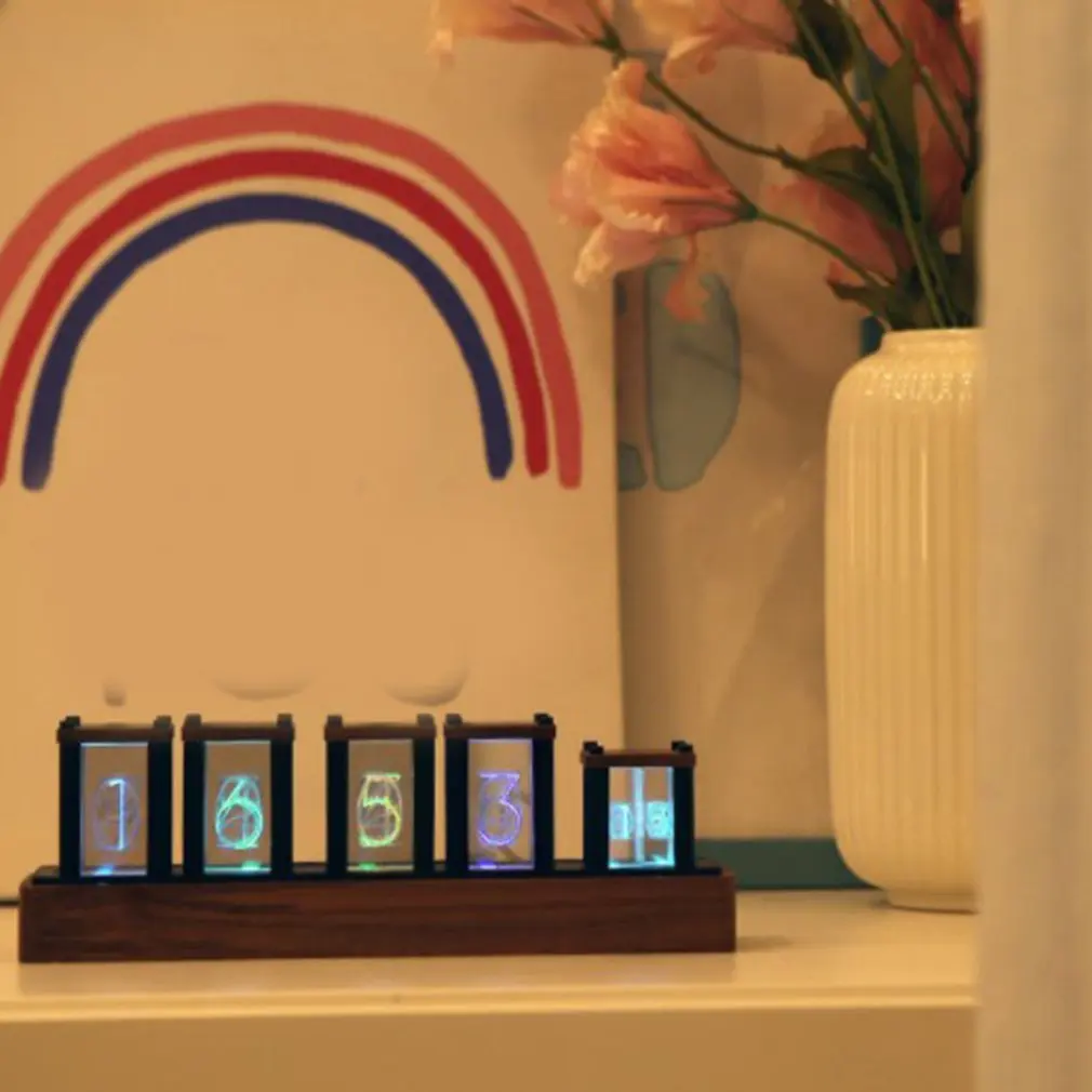 

2021 Cyberpunk style table Tube clock RGB Imitated Glow Nixie Tube Clock Creative Led Electronic Digital Wood bedside Clock