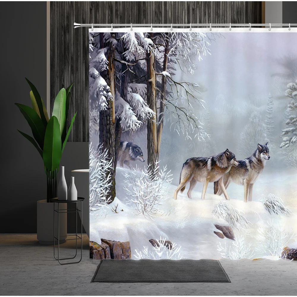 

Wild Animal Shower Curtain Snow Wolf Winter Forest Pattern Printed Polyester Home Bathroom Decor Bath Cloth Curtains With Hook
