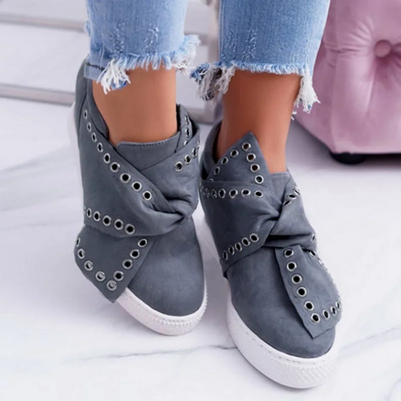 gray HEFLASHOR/Женские повседневные кроссовки на плоской подошве; женские Замшевые слипоны с бантом; удобная Вулканизированная обувь; женская обувь, увеличивающая рост - Цвет: gray
