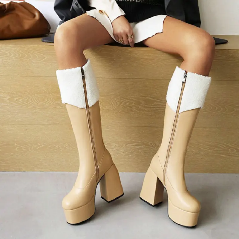 

ZawsThia размера плюс 35-48 телесного цвета, квадратный носок, блочные высокие каблуки, платформа, женские зимние теплые флисовые плюшевые сапоги для снега