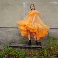 orange elegant exquisite simple women dress tulle see thru a line evening dress high low tulle ruffle party dress photography