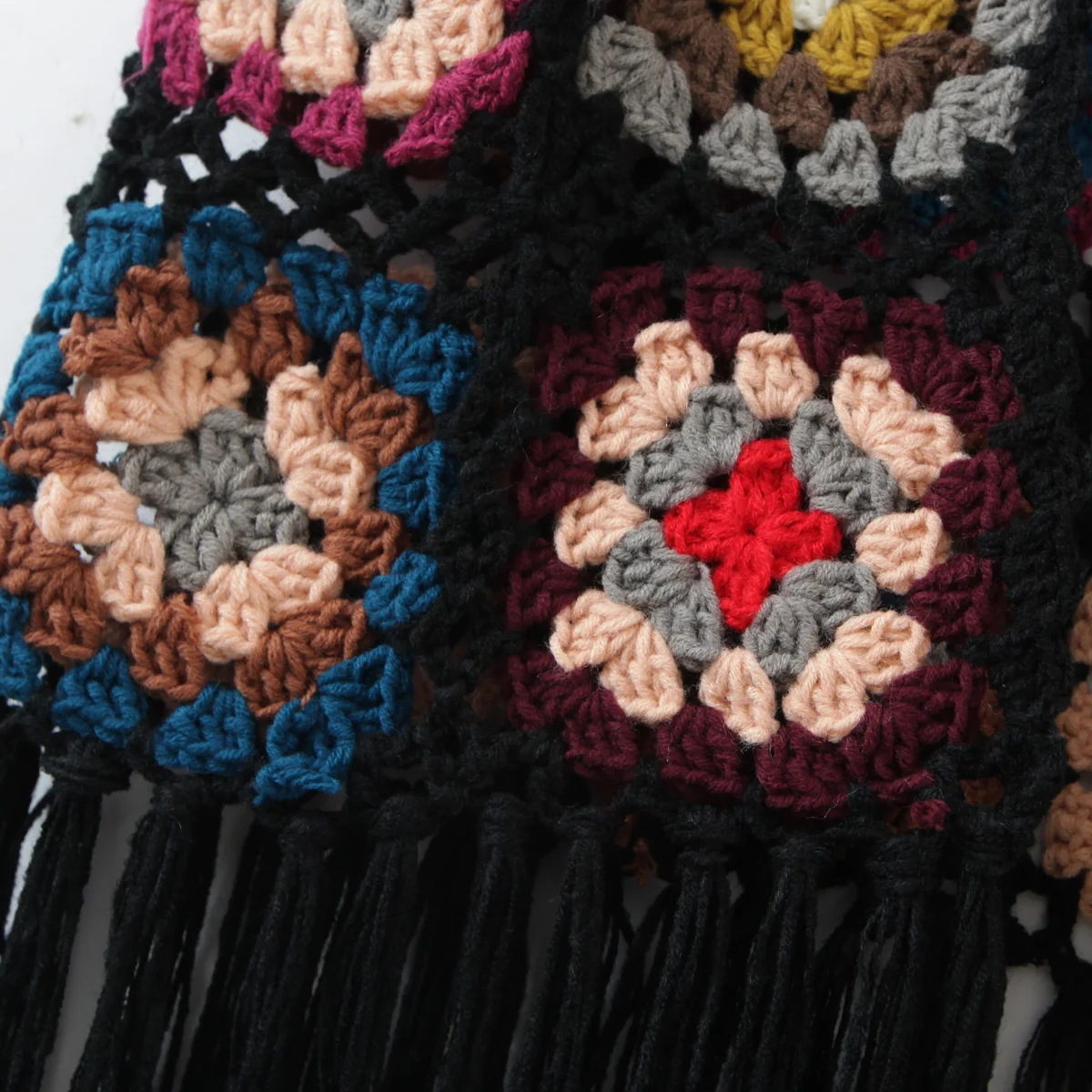 2021 BOHO Colored Plaid Flower Hand Crochet Cardigan Vintage Woman V neck Lacing up Hem Tassel Long Sweater Knitwear Jumper images - 6
