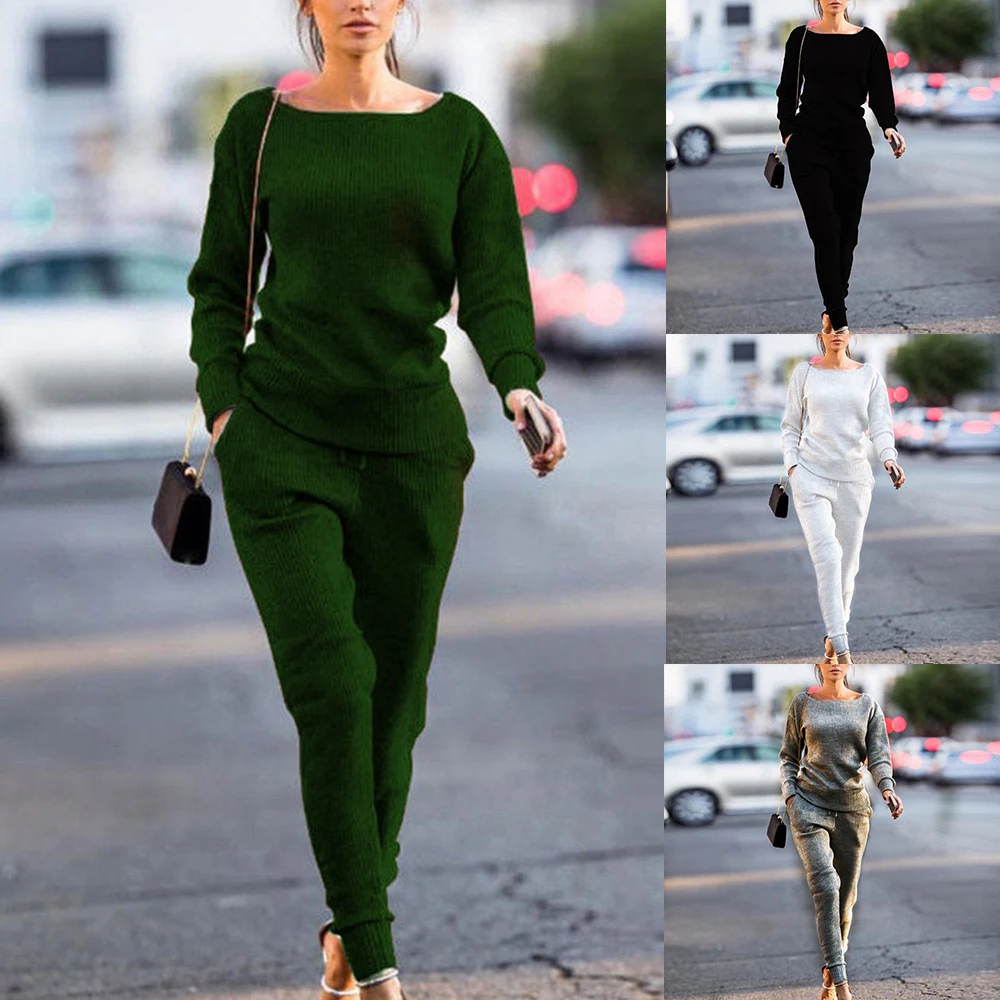 2019 New Women Sets Thin Fashion Autumn Tracksuit Casual Simple Daily Solid Pants 2Pcs Suits Sport Wear | Женская одежда
