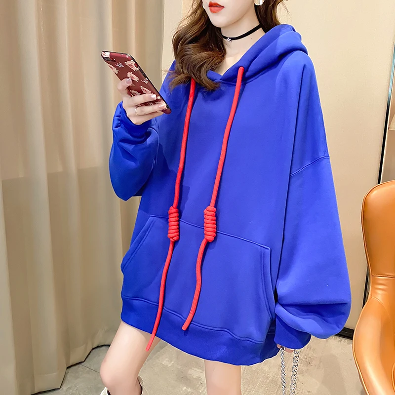 Oversized  Thick Women Sweetshirts Fashion Pullover Ladies Fleece Lining Long-sleeved Loose Casual Hoodie Hip-hop Solid Color