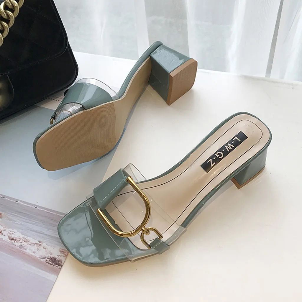 Fashion Slip-on Sexy Slippers Women Square Toe High Heels Transparent Sandals Classic Lady Comfort Shoes Woman Slides Summer | Обувь